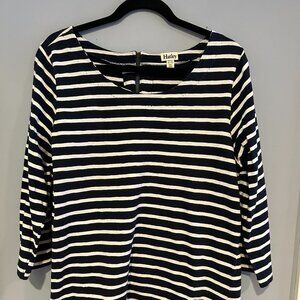Hatley Navy White Striped Cotton Top XL Back Zip, 3/4 Sleeve, Scoop Neck